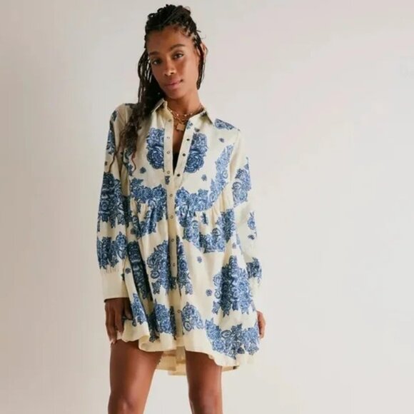 Free People Oversized Floral Button-Up Shirt Dress in Blue and Cream - Picture 1 of 2
